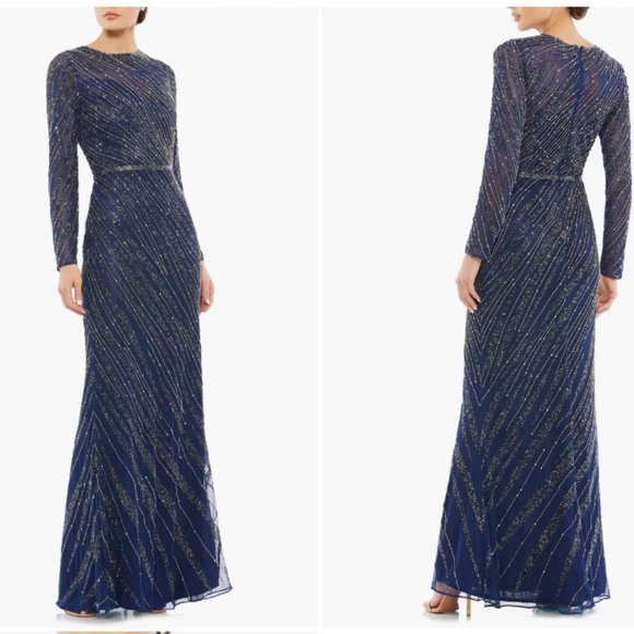 MAC DUGGAL BEADED BODICE LONG SLEEVE TRUMPET NAVY GOWN sz 6 - Picture 1 of 3